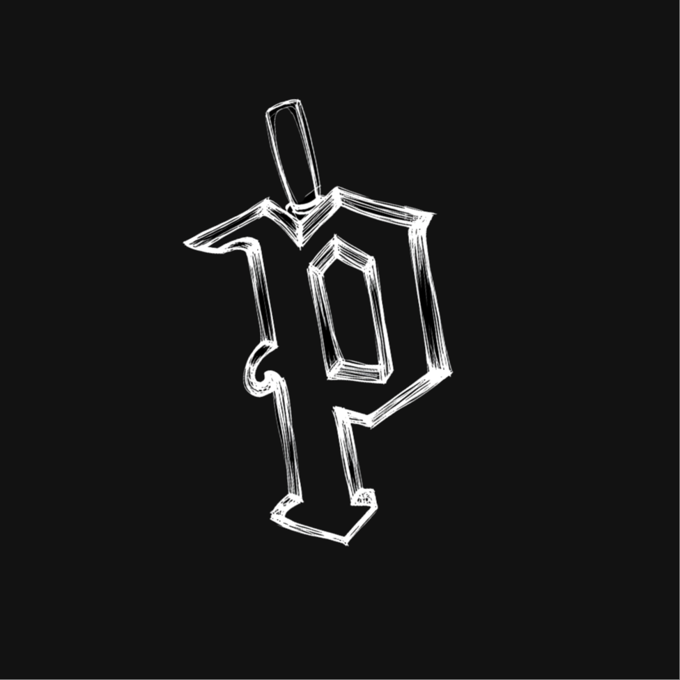 White outline of a stylized letter 'P' on a black background for a custom iced out pendant hiphop jewelry